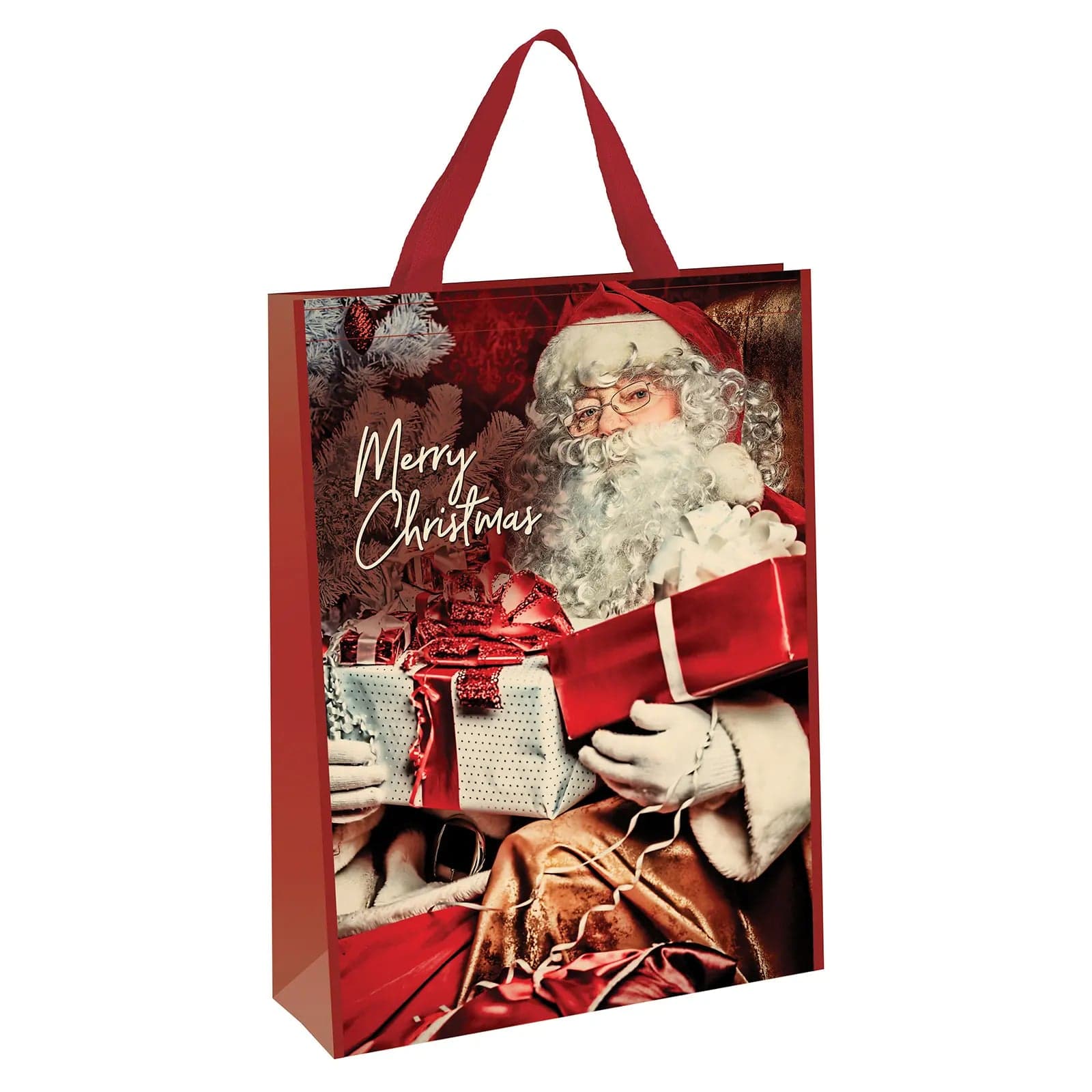 red Merry Christmas slogan Christmas bag featuring Santa Claus holding wrapped Christmas gifts beside Christmas tree